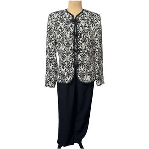 Vintage Leslie Fay Black & White Mandarin Style Pants Suit, Size 8